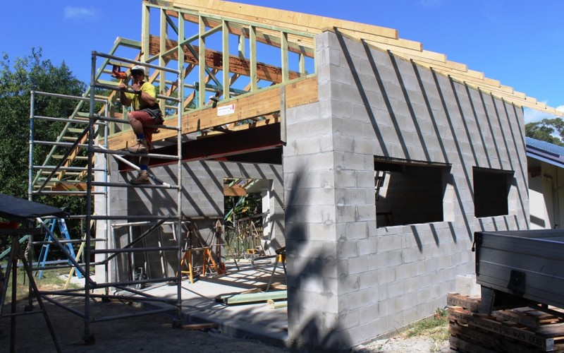 Up go the walls and roof- a 45 degree roof!